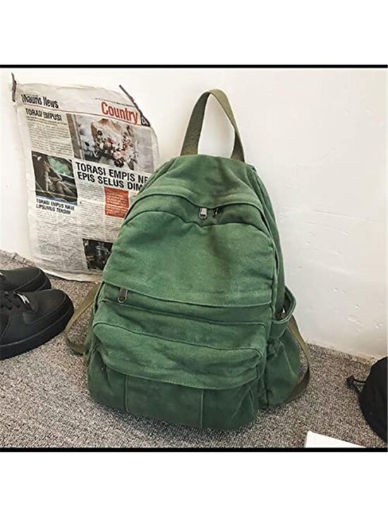 Green Canvas Backpack Women Vintage School Travel Laptop Rucksack Large